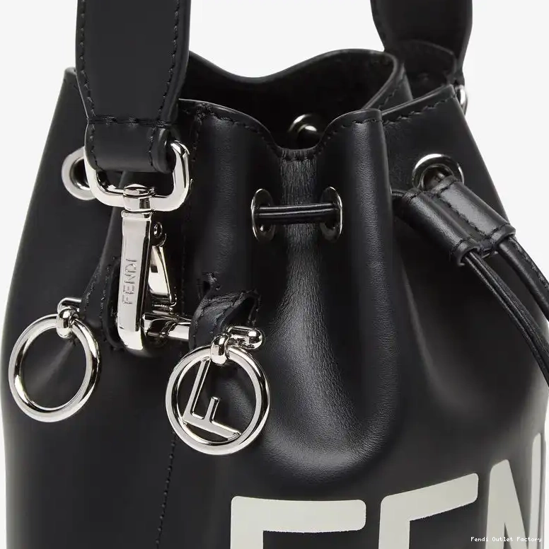 Vintage HOT ROMA Mini Black Bag In Tresor Bucket Fendi Mon Leather White Calf Logo 0407
